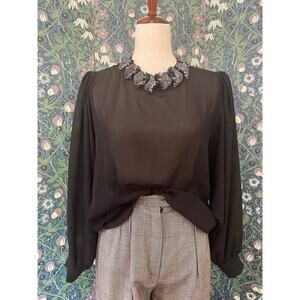 Vintage sheer black blouse with beaded collar, size M/L